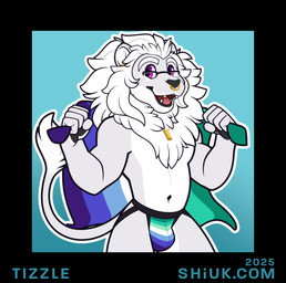 anthro belly black_border black_lips black_nose black_pawpads blue_background border clothing ear_piercing eyewear facial_piercing fur glasses gold_(metal) gold_jewelry grey_body grey_face grey_fur grey_tail hair jewelry jockstrap lgbt_pride lips male male_anthro mane muscular muscular_anthro muscular_male necklace nose_piercing nose_ring open_mouth open_smile pawpads piercing pink_tongue pride_color_clothing pride_color_flag pride_color_underwear pride_colors purple_eyes ring_piercing septum_piercing septum_ring simple_background smile solo standing tail tail_tuft telegram_sticker tongue tuft underwear vincian_pride_colors wearing_glasses white_belly white_body white_face white_fur white_hair white_mane white_palms white_tail_tuft shiuk avery_owens_(tizzlebits) felid lion mammal pantherine 2025 absurd_res hi_res
