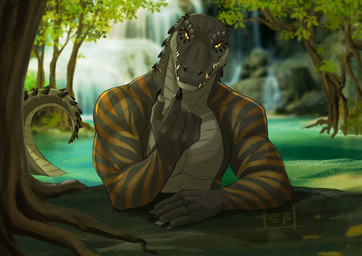 5_fingers anthro beckoning fingers gesture green_body green_scales logo looking_at_viewer male muscular outside partially_submerged plant scales sharp_teeth solo spiked_tail spikes spikes_(anatomy) tail teeth teeth_showing tree waterfall yellow_eyes sajophoe draydon_(valibrex) crocodile crocodilian reptile scalie artist_logo digital_media_(artwork)