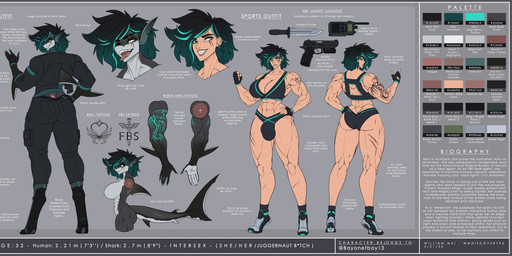 abs anthro blue_border blue_eyes boots border breasts bulge cleavage clothed clothing electronics eye_scar facial_scar footwear gun gynomorph handgun intersex knife muscular muscular_gynomorph muscular_intersex radio ranged_weapon scar shark_tail shoes solo sportswear tattoo text weapon wmdiscovery93 blair_harper_(bayonetboy13) aquatic fish human mammal shark werecreature werefish wereshark absurd_res english_text hi_res model_sheet