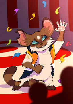 anthro blue_eyes blue_sclera brown_body brown_fur brown_inner_ear_fluff cheek_tuft claws clothed clothing confetti facial_tuft featureless_crotch finger_claws fur gesture grin inner_ear_fluff male male_anthro markings open_clothing open_topwear pink_inner_ear smile solo striped_markings striped_tail stripes tail tail_markings teeth text topwear tuft waving white_body white_claws white_fur 0ct0m0n0 izzy_deadjet mammal unknown_species artist_name hi_res
