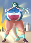 abigail_(judoon) anthro big_breasts breasts clothing dolphin_tail female hair huge_breasts hyper hyper_breasts long_hair opening_shirt shirt solo superhero thick_thighs topwear blues64 marauder6272 nintendo pokemon fan_character generation_9_pokemon palafin pokemon_(species) hi_res