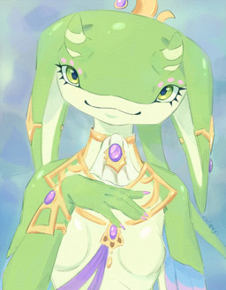 anthro breasts collar eyelashes featureless_breasts female green_body green_eyes hand_on_chest horn jewelry looking_at_viewer multicolored_body non-mammal_breasts small_breasts smile solo two_tone_body zoetopaly nintendo tears_of_the_kingdom the_legend_of_zelda yona_(tloz) aquatic zora 2025 bust_portrait hi_res portrait