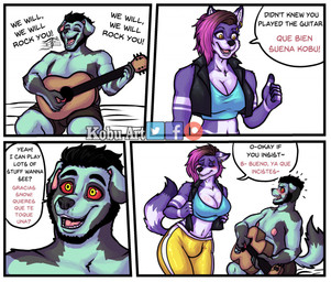 acoustic_guitar anthro big_breasts border breasts bulge clothing duo exercise_clothing guitar gynomorph gynomorph/male intersex intersex/male leggings legwear male musical_instrument plucked_string_instrument slightly_chubby slightly_chubby_male string_instrument thick_thighs white_border kobu_art kobu snow_(kobu_art) border_collie canid canine canis collie domestic_dog herding_dog mammal pastoral_dog sheepdog wolf comic trans_(lore) trans_woman_(lore)