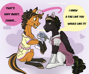 alternate_universe black_body black_fur black_mane bouquet clothed clothing cosplay costume crossdressing crown curled_tail curly_hair curly_mane dialogue dress duo feathered_wings feathers feral fetlocks flower folded_wings footwear freckled_face freckles fur gradient_background hair headgear heart_symbol homophobic_slur jewelry legwear love makeup male male/male mane multicolored_hair orange_body orange_fur pink_clothing pink_dress plant roleplay romantic romantic_couple scar simple_background slur smile smirk socks speech_bubble tail tear_trough text tiara two_tone_hair vulgar wings rasmary fallout_equestria hasbro my_little_pony mythology cookie_cheetos fan_character outworld earth_pony equid equine horse mammal mythological_creature mythological_equine pegasus pony 2026 6:5 absurd_res colored english_text hi_res russian_description