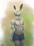 abstract_background anthro bottomwear bulge clothed clothing femboy hotpants male nipples orange_eyes pink_nipples shorts solo topless topless_male zawn lagomorph leporid mammal rabbit 2019 hi_res portrait three-quarter_portrait