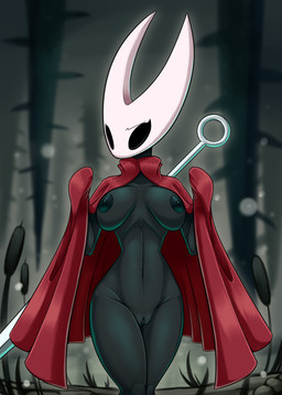 anthro areola big_breasts black_areola black_body black_eyes black_nipples black_vulva breasts cloak cloak_only clothing detailed_background empty_eyes female genitals looking_at_viewer mask melee_weapon mouthless nipples nude nude_female presenting presenting_breasts red_cloak red_clothing solo vulva weapon latiar hollow_knight_(franchise) team_cherry hornet_(hollow_knight) arachnid arthropod spider 2022 digital_media_(artwork) hi_res
