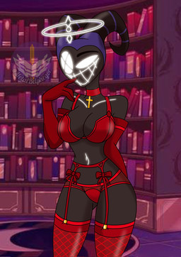 black_body breasts clothed clothing cross cross_necklace female glowing glowing_eyes halo horn jewelry looking_at_viewer necklace open_mouth open_smile partially_clothed smile solo standing thick_thighs metalbelphegor hazbin_hotel hellaverse exorcist_(hazbin_hotel) lute_(hazbin_hotel) angel angel_humanoid humanoid hi_res