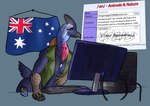 anthro australian_flag bare_chest black_body black_feathers blue_body blue_feathers breasts clothed clothing computer computer_mouse electronics feathers female grey_background hair head_crest humor inner_boob jewelry keyboard necklace no_bra red_body red_feathers screen simple_background solo text white_hair chorsinnell39 4chan avian bird cassowary ratite 2021 digital_media_(artwork) english_text hi_res