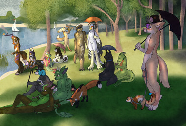 4_toes ambiguous_feral ambiguous_gender anisodactyl anthro avian_feet back_spines beak boat boater_hat book bouquet brass_instrument cane casual_nudity cheek_tuft chest_tuft claws clothed clothing collar curled_tail day detailed_background digitigrade domestic_pet dorsal_ridge eyewear facial_tuft feathered_wings feathers featureless_crotch feet female female_anthro feral fishing fishing_rod flower flower_bouquet folded_wings france fur furries_with_pets glasses group hand_holding hat headgear headwear holding_book holding_bouquet holding_cane holding_fishing_rod holding_flower holding_leash holding_object holding_smoking_pipe holding_umbrella horn larger_anthro leash leashed_collar leg_markings lying male male_anthro markings membrane_(anatomy) membranous_wings musical_instrument nude on_back outside park plant playing_music reading river riverbank sitting size_difference sky smaller_feral smoke smoking_pipe social_nudity socks_(marking) standing tail tail_feathers text toeless_(marking) toes top_hat tree trumpet tuft umbrella vehicle watercraft wind_instrument winged_arms wings yellow_beak ketzel99 a_sunday_on_la_grande_jatte mythology lit_dragon avian bird canid canine canis domestic_dog domestic_ferret dragon fox mammal mustelid musteline mythological_creature mythological_scalie otter scalie true_musteline weasel 2024 english_text hi_res inspired_by_formal_art
