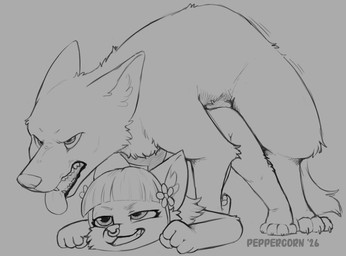 anthro anthro_on_feral ass_up bestiality duo facial_piercing female feral flower fur hair male male/female male/male nose_piercing nose_ring piercing plant quadruped ring_piercing sex tail teeth text tongue tongue_out young young_anthro young_female peppercorn_kiddo canid canine canis domestic_dog felid feline mammal absurd_res english_text hi_res monochrome