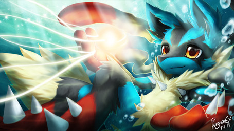anthro blue_body blue_fur bubble fur gradient_eyes grey_body grey_fur magic_user male mouth_closed multicolored_body multicolored_fur orange_eyes red_body red_eyes red_fur solo underwater water yellow_body yellow_fur young young_anthro young_male penguinexperience nintendo pokemon generation_6_pokemon mega_evolution mega_lucario pokemon_(species) 16:9 2015 dated hi_res signature widescreen