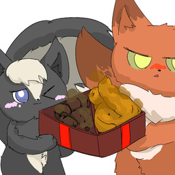 ambiguous_gender big_tail biped bipedal_feral black_body black_fur blue_eyes blush box container duo embarrassed feces feral first_person_view front_view fur gift gift_box hair holding_object looking_at_viewer mouth_closed one_eye_closed open_mouth raised_tail scatplay simple_background smelly standing stink_fumes tail toony white_body white_fur white_hair yellow_eyes young young_feral toilet_paper_(pixiv) canid canine fox mammal mephitid skunk 1:1 2026 digital_media_(artwork)