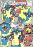 anthro anthro_pred black_body black_fur blue_body blue_fur butt cannibalism digestion duo fatal_vore fur larger_pred navel open_mouth oral_vore red_body red_eyes red_fur simple_background size_difference smaller_prey sound_effects spikes tail text vore yellow_body yellow_fur arkailart nintendo pokemon canid canine generation_4_pokemon generation_6_pokemon mammal mega_evolution mega_lucario pokemon_(species) riolu shiny_pokemon absurd_res digital_media_(artwork) english_text hi_res