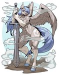 5_fingers abs anthro biceps big_breasts blue_hair breasts cloud convenient_censorship eyeshadow feathered_wings feathers female fingers front_view greatsword hair hair_over_eye holding_object holding_weapon hooves leaning_on_object long_hair looking_at_viewer makeup mane melee_weapon muscular muscular_female navel nude one_eye_obstructed quads solo standing sword tail thick_thighs under_boob weapon wide_hips wings ceehaz mythology aether_(aetherflame1397) equid equine mammal mythological_creature mythological_equine pegasus 2024 hi_res