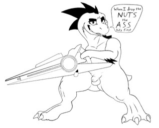 anthro balls dialogue eyeshadow feet genitals gun looking_at_viewer makeup male nude penis ranged_weapon rifle smile sniper_rifle solo speech_bubble text weapon mukihyena halo_(series) microsoft xbox_game_studios kiggy alien kig-yar ruuhtian scalie digital_media_(artwork) english_text hi_res monochrome