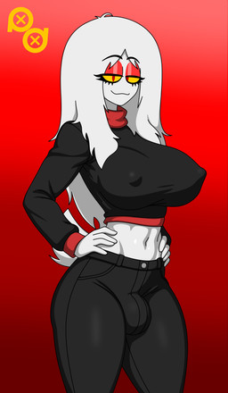 black_bottomwear black_clothing black_pants black_sweater black_topwear bottomwear bulge clothing female hands_on_hips intersex midriff nipple_outline pants puffle_khelan_(character) red_eyes solo sweater topwear turtleneck yellow_sclera puffle_dreemurr club_penguin humanoid puffle absurd_res hi_res