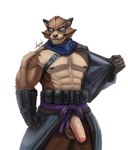 abs anthro balls biceps bodily_fluids brown_body brown_fur clothing erection fur genitals hair humanoid_genitalia looking_at_viewer male muscular muscular_anthro muscular_male nipples nude pecs penile penis scar simple_background smile solo white_background adrovmike epic_games fortnite hajime_(fortnite) canid canine mammal raccoon_dog tanuki 2025 digital_media_(artwork) hi_res