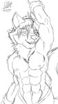 anthro armpit_fetish male muscular one_eye_closed shirtless smile solo wink iaian_luxo_fox luxo_(iaian_luxo_fox) canid canine fox mammal 9:16 hi_res monochrome sketch