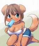 4_fingers 4_toes anthro big_breasts blue_eyes blush bodily_fluids bottomwear bra breasts brown_body brown_fur brown_hair brown_nose cheek_tuft cleavage clothed clothing denim denim_clothing dessert facial_tuft feet female fingers food fur hair ice_cream kemono off_shoulder popsicle saliva short_hair shorts simple_background solo summer sweat toes tuft underwear kemoribbon canid canine canis domestic_dog mammal 2015