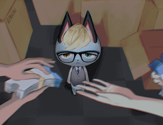 5_fingers ambiguous_gender anthro black_ears black_tail blonde_hair bottomless box brown_eyes cardboard cardboard_box clothed clothing collared_shirt container disembodied_hand eyewear fingers frown fur glasses green_eyes grey_body grey_fur group hair heterochromia high-angle_view holding_object male male_anthro necktie sad shirt solo_focus tail ticket topwear vest wearing_glasses rinkibu animal_crossing nintendo raymond_(animal_crossing) domestic_cat felid feline felis human mammal 2020 digital_media_(artwork) hi_res signature