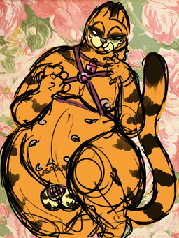 anthro body_writing chastity_cage chastity_device chest_harness floral_print harness licking licking_lips licking_own_lips lock lying male markings multi_nipple nipples on_back padlock solo striped_markings stripes text tongue tongue_out yonnixart garfield_(series) garfield_the_cat domestic_cat felid feline felis mammal 3:4 english_text hi_res