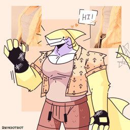 4_fingers anthro biped black_clothing black_fingerless_gloves black_gloves black_handwear blush bottomwear closed_smile clothed clothed_anthro clothed_male clothing countershade_face countershade_neck countershade_torso countershading dialogue dot_eyes drawstring_bottomwear emanata fin fingerless_gloves fingers fish_tail flesh_fang front_view fully_clothed fully_clothed_anthro fully_clothed_male gills gloves greeting_viewer handwear head_fin heart_symbol jacket looking_at_viewer male motion_lines mouth_closed muscular muscular_anthro muscular_male neck_gills open_clothing open_jacket open_topwear orange_clothing orange_jacket orange_topwear simple_background simple_eyes smile snout solo speech_bubble tail tail_fin tail_motion tailwag talking_to_viewer tan_background tan_bottomwear tan_clothing tan_shirt tan_topwear text topwear white_body white_countershading skykdotidot lemon_(skykdotidot) aquatic fish shark 1:1 2024 digital_drawing_(artwork) digital_media_(artwork) english_text hi_res portrait three-quarter_portrait
