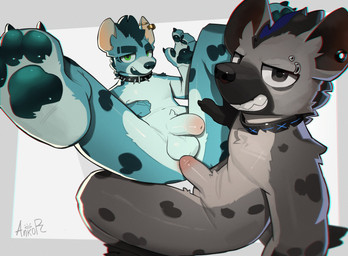 anthro balls blue_body collar collar_only duo ear_piercing eyebrow_piercing facial_piercing foreskin genitals grey_body humanoid_genitalia humanoid_penis imminent_anal imminent_sex looking_at_viewer male male/male nude pawpads penis piercing simple_background teeth ankorthewolf arknights hypergryph studio_montagne ankor_(ankorthehyena) spot_(arknights) hyena mammal spotted_hyena 2024 absurd_res hi_res