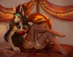 accessory anthro bed biped bra brown_hair clothed clothing feather_in_hair feathers female fur furniture green_eyes hair hair_accessory lights lingerie long_hair looking_at_viewer panties sitting solo stripes tail underwear vexstacy solicia canid canine mammal 2016 hi_res