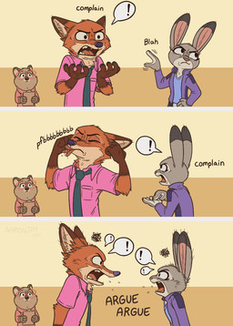 angry anthro argument black_nose blah_blah_blah blowing_raspberries brown_body brown_fur claws clothed clothed_anthro clothed_female clothed_male clothing collared_shirt dress_shirt duo_focus emanata eyewear fangs female female_anthro finger_claws finger_in_ear frustration_cloud fur glasses gloves_(marking) grey_body grey_fur group humanoid_hands ignoring_another male male_anthro markings multicolored_body multicolored_fur necktie pink_nose red_body red_fur shirt tan_body tan_fur teeth text topwear trio two_tone_body two_tone_fur wearing_glasses aar0njay disney zootopia dr._fuzzby judy_hopps nick_wilde canid canine european_rabbit fox lagomorph leporid macropod mammal marsupial oryctolagus quokka rabbit red_fox true_fox 2_frame_animation animated animated_comic comic english_text