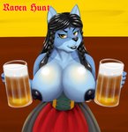 absurd_res anthro barmaid beverage_can big_breasts breasts canid canine canis clothed clothing female hi_res holidays lips looking_at_viewer looking_pleasured mammal mature_anthro mature_female nipples oktoberfest raven_hunt smartwhitefang solo thick_thighs topless wolf