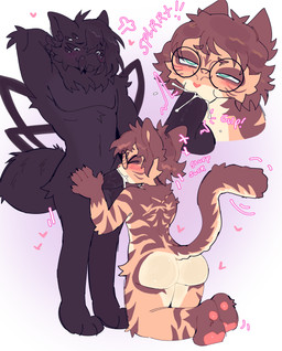 anthro arthropod_abdomen balls big_butt black_body black_fur blowjob_face blush blush_lines bodily_fluids brown_body brown_fur butt cum cum_in_mouth cum_inside duo eyewear feet fellatio fur fur_markings genital_fluids genitals glasses hair half-closed_eyes hand_on_hip heart_symbol kneeling kneeling_oral_position looking_pleasured male male/male markings motion_lines multi_eye multi_limb multicolored_body multicolored_fur narrowed_eyes onomatopoeia oral paws penile penis saliva saliva_on_penis sex sound_effects standing striped_body striped_fur stripes swallowing tail text catgenderzz apa_(apakingg) tana_(2ktanacious) arachnid arthropod domestic_cat felid feline felis mammal mygalomorph spider tarantula absurd_res hi_res