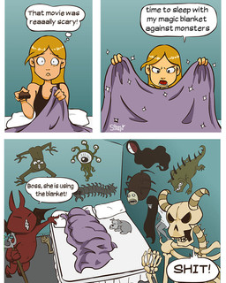 ambiguous_gender bed bed_sheet bedding blonde_hair bone clothed clothing controller dialogue female feral furniture group hair holding_controller holding_object holding_remote_control lying pillow pupils remote_control sharp_teeth skeleton teeth text sinapi canid canine canis domestic_dog human mammal monster undead 2016 comic english_text