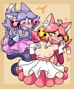 ahoge blush blush_lines bodily_fluids bottomwear breasts clothing cum cum_on_body cum_on_chest cum_on_clothing disgust duo ears_back female female/female genital_fluids gloves hair handwear happy heart_ahoge heart_symbol nipples pink_hair pivoted_ears purple_hair shirtless shirtless_female skirt tail upset emote-o mad_mew_mew mew_mew_(undertale) pink_(deltarune) animal_humanoid felid felid_humanoid feline feline_humanoid ghost humanoid mammal mammal_humanoid spirit hi_res