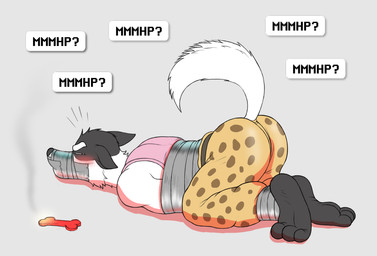 animal_print anthro ass_up barefoot bdsm biped blush bondage bottomwear bound butt cheetah_print clothed clothing dog_toy duct_tape feet fully_bound fur gag gagged legs_tied male muffled muzzle_(object) muzzled pants questioning_tone shirt simple_background solo speech_bubble submissive submissive_male tank_top tape tape_bondage tape_gag tape_muzzle text topwear vowelless vowelless_vocalization bondagefanart undertale undertale_(series) doggo_(undertale) canid canine canis domestic_dog mammal digital_media_(artwork) full-length_portrait portrait