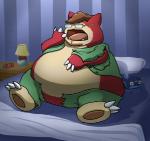 3_toes alarm_clock anthro claws clock clothing eyewear fangs feet fur generation_1_pokemon glasses kitsunekit lamp male nintendo obese obese_anthro obese_male open_mouth overweight overweight_anthro overweight_male pokemon pokemon_(species) red_body red_fur snorlax solo teeth toe_claws toes torn_clothing transformation yawn