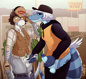 anthro asphalt balls baseball_cap belt_buckle black_sclera blue_body blue_eyes blue_markings blue_scales blush bottomwear bottomwear_down boxers_(clothing) brown_hair buckle clothed clothing collared_shirt denim denim_bottomwear denim_clothing detailed_background dress_shirt duo elbow_feathers eyewear feathers fingerless_gloves gas_pump genitals glasses gloves green_body green_eyes green_feathers grey_body grey_scales hair handjob handwear hat headgear headwear heavy_truck hoodie humanoid_genitalia humanoid_penis jeans looking_at_another looking_away male male/male markings masturbation mountain multicolored_body multicolored_clothing nervous nervous_smile outside pants pants_down parking_lot partially_clothed pattern_clothing pattern_topwear penile penis plaid plaid_clothing plaid_topwear public round_glasses scales semi-trailer_truck sex shirt sign smile smiling_at_another smiling_at_partner standing stripes sweatpants tail tail_feathers topwear trailer_(vehicle) truck truck_stop two_tone_body two_tone_clothing underwear vehicle vest white_hair white_stripes seven_(artist) dinosaur dromaeosaurid feathered_dinosaur feathered_scalie prehistoric_species reptile saurischian scalie theropod velociraptor absurd_res hi_res signature