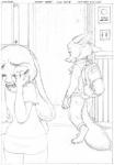 3_toes 4_fingers anthro backpack bodily_fluids buckteeth claws clothed clothing crying duo feet female fingers inner_ear_fluff intercom light_switch male pawpads sad tears teeth toes tuft borba disney zootopia judy_hopps nick_wilde canid canine fox lagomorph leporid mammal rabbit red_fox true_fox 2016 hi_res monochrome sketch