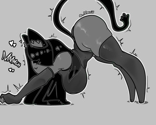 animal_ears arched_back armwear ass_up big_breasts big_butt black_hair blush blush_lines breasts butt cat_eared_creature cat_stretch clothing elbow_gloves eyes_closed feet female gloves hair handwear hanging_breasts huge_breasts huge_butt inner_ear_fluff legwear leotard long_hair paws small_feet solo tail thick_thighs thigh_highs tight_clothing tuft mavrix animal_humanoid cat_humanoid felid felid_humanoid feline feline_humanoid humanoid mammal mammal_humanoid tailed_humanoid 2026 5:4 greyscale hi_res monochrome