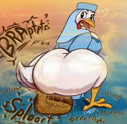 anthro avian_feet beak big_breasts big_butt breasts butt clothed clothing clothing_lift diarrhea dress dress_lift embarrassed explosive_diarrhea feathers feces feces_in_ass feces_in_container female medieval medieval_clothing onomatopoeia pooping pooping_in_container solo sound_effects text white_body white_feathers cheekles disney robin_hood_(disney) lady_kluck avian bird chicken galliform phasianid hi_res