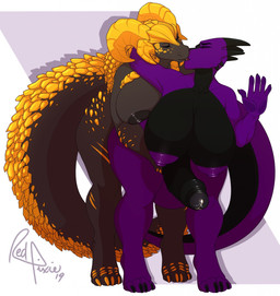 anthro balls bent_over big_balls big_breasts big_penis bodily_fluids breasts duo erection foreskin genital_fluids genitals gynomorph gynomorph/gynomorph horn huge_breasts humanoid_genitalia humanoid_penis intersex intersex/intersex kissing looking_back nipples nude penis precum reach_around standing tail thick_thighs redpixie capcom monster_hunter mythology kristelyn_myriadous vanity_brazenveil dragon elder_dragon kulve_taroth mythological_creature mythological_scalie scalie hi_res