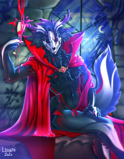anthro clothed clothing hair horn looking_at_viewer male smile solo leonifa canid canine canis demon mammal vampire wolf absurd_res digital_media_(artwork) hi_res
