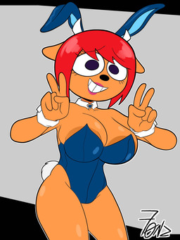 anthro areola areola_slip big_areola big_breasts black_eyes black_nose breasts brown_areola bunny_costume clothing costume double_v_sign eyelashes fake_ears fake_rabbit_ears fake_tail female gesture grin hair hand_gesture leotard lipstick makeup pink_lipstick red_hair scut_tail short_hair short_tail smile standing tail v_sign white_tail fonz_(artist) parappa_the_rapper sony_corporation sony_interactive_entertainment um_jammer_lammy lammy_lamb bovid caprine mammal sheep 3:4 hi_res