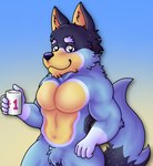 abs anthro arm_tuft blue_body blue_eyebrows blue_fur body_hair chin_tuft container cup elbow_tuft eyebrows facial_hair facial_tuft fur hashtag holding_container holding_cup holding_mug holding_object inner_ear_fluff looking_at_viewer male mug multicolored_body multicolored_fur muscular muscular_anthro muscular_male number pecs simple_background solo tuft rjquaty bluey_(series) bandit_heeler australian_cattle_dog canid canine canis cattledog domestic_dog herding_dog mammal pastoral_dog hi_res