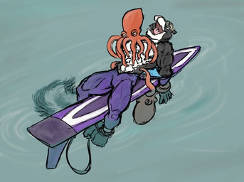 abs anthro black_body black_fur blonde_hair feral fluffy fluffy_tail fur group hair laugh male multicolored_body multicolored_fur muscular muscular_anthro muscular_male open_mouth open_smile pink_tongue restrained restrained_arms restrained_legs smile surfboard tail tentacles tickle_torture tickling tickling_belly tickling_sides tongue trio water white_body white_fur kctk zach_hastings cephalopod coleoid mammal marine mephitid mollusk octopodiform octopus skunk