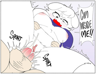 anthro balls blush bodily_fluids breasts cheek_tuft clothed clothing clothing_lift cum cum_inside cum_request cute_fangs dialogue duo eyelashes facial_tuft fangs female genital_fluids genitals hair hand_on_belly insemination_request male male/female nipples penetration penis purple_clothing purple_topwear round_ears shaking speech_bubble teeth topwear trembling tuft vaginal vaginal_penetration vulva white_body white_hair surrealtone bimbo_(bakery) bimbo_bear bo_(surrealtone) bear human mammal comic hi_res