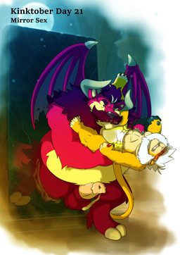 anthro bodily_fluids diaper duo fellatio forced genital_fluids genitals leaking_precum male male/male mirror oral penile penis precum precum_in_mouth reverse_forced_oral ritual sex sucking text leoniro_the_inklion demon hybrid inklion absurd_res english_text hi_res