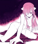 breasts female hair hair_over_eye horn kneeling looking_at_viewer not_furry nude one_eye_obstructed pink_hair solo unknown_artist elfen_lied lucy_(elfen_lied) diclonius