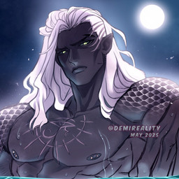 areola barbell_piercing black_nipples chest_markings deltoids front_view green_eyes grey_body grey_skin hair humanoid_pointy_ears long_hair looking_at_viewer male markings moon mouth_closed muscular muscular_humanoid muscular_male nipple_barbell nipple_piercing nipples nude outside pecs piercing pointy_ears serratus short_hair solo tear_trough text wet wet_body wet_skin white_hair demireality humanoid 1:1 2025 artist_name bust_portrait dated portrait