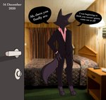 absurd_res anthro bed business_suit canid canine clothing comic dialogue english_text faceless_character faceless_male furniture hi_res male mammal offscreen_character ponporio_(artist) solo speech_bubble suit text the_suit_(ponporio)
