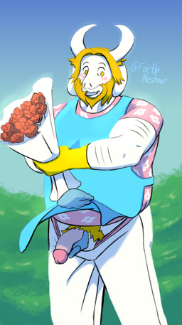anthro apron beard blonde_hair bouquet clothed clothing disembodied_hand duo facial_hair flower flower_shirt fur furry_arms genitals gloves hair handwear holding_penis horn humanoid_genitalia humanoid_penis long_ears male muscular muscular_male penis pink_clothing pink_underwear plant pubes simple_background solo_focus underwear nestor_forth undertale_(series) asgore_dreemurr bovid caprine goat mammal absurd_res hi_res